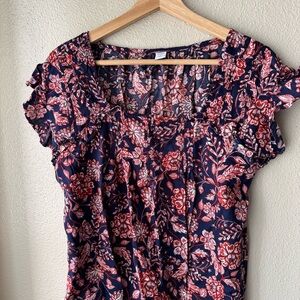 Blue & Red Floral Top with Ruffle Sleeves - Size M
